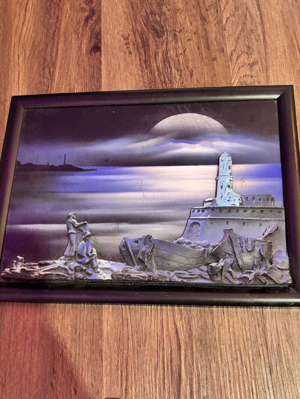 Vintage Framed 3D Bas Relief Coastal Lighthouse Seascape Sculpture Art